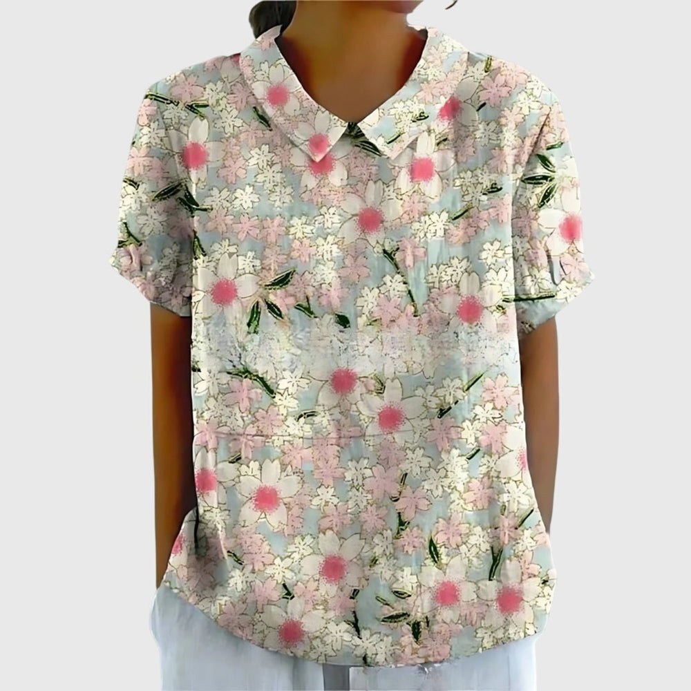 Women's Linen Short Sleeve Collared Blouse Relaxed Fit - White 2