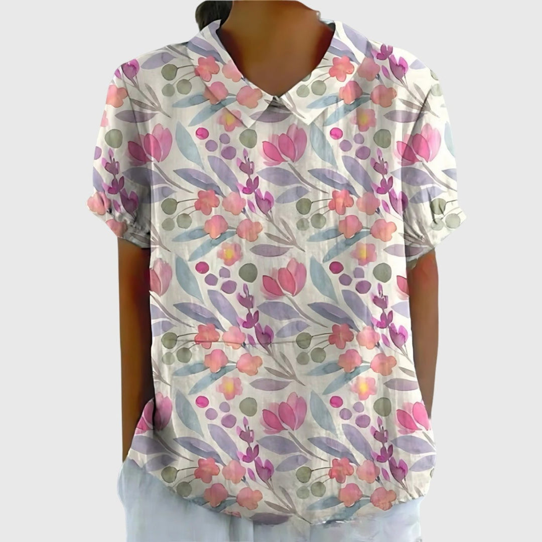 Women's Linen Short Sleeve Collared Blouse Relaxed Fit - White 7