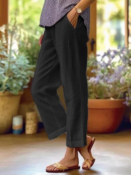 Women's Linen Tapered Cropped Cuffed Pants - Black