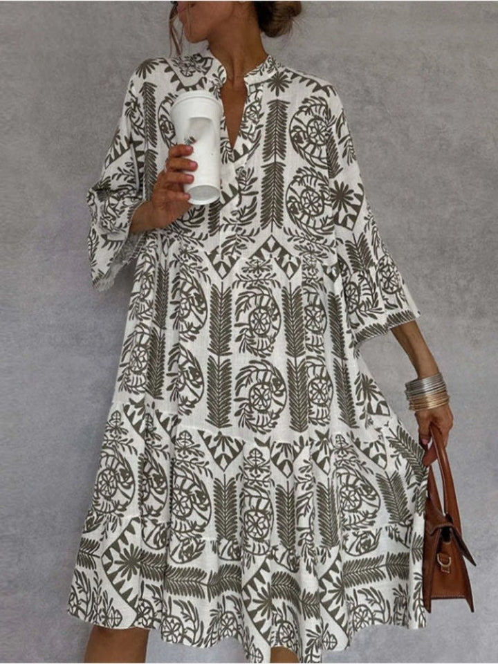 Women's Loose-Fit Floral Print Tiered Tunic Dress - Khaki