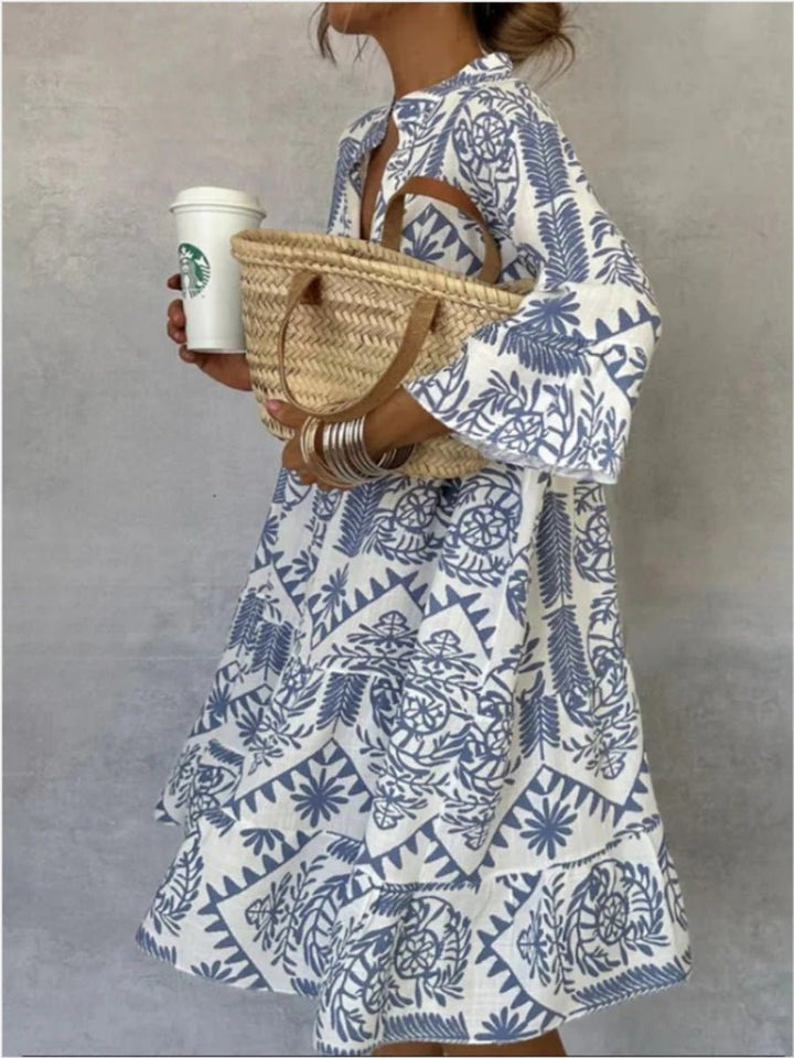 Women's Loose-Fit Floral Print Tiered Tunic Dress - Hellblau