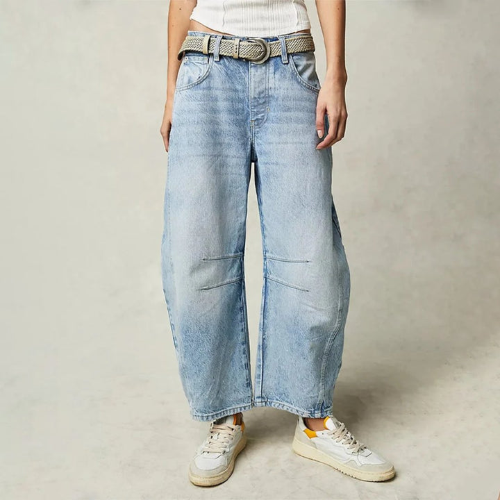 Women's Mid-Rise Heavyweight Denim Cropped Barrel Leg Jeans - Light Blue