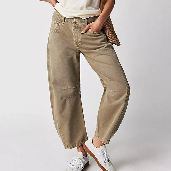 Women's Mid-Rise Heavyweight Denim Cropped Barrel Leg Jeans - Khaki