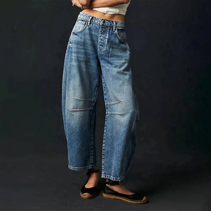 Women's Mid-Rise Heavyweight Denim Cropped Barrel Leg Jeans - Dark Blue