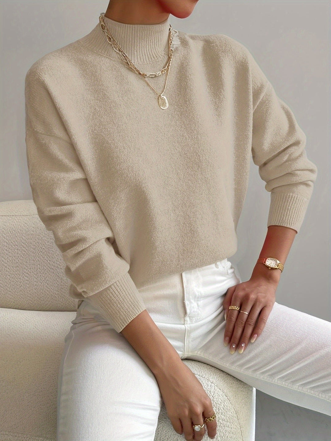 Women's Mock Turtleneck Relaxed-Fit Long Sleeve Sweater - Beige