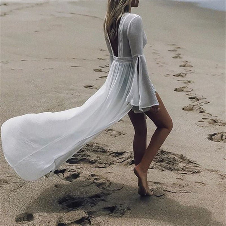 Women's Open-Back Maxi Beach Tunic Flowy Kimono Cover-Up
