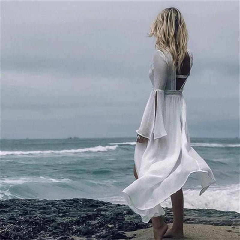 Women's Open-Back Maxi Beach Tunic Flowy Kimono Cover-Up