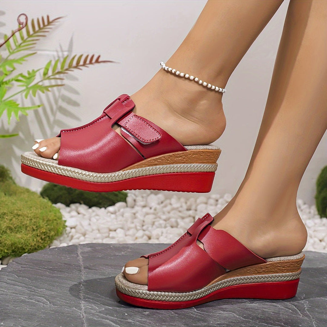 Women's Open-Toe Wedge Platform Comfortable Sandals Hook-Loop Strap - Red