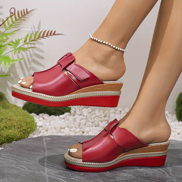 Women's Open-Toe Wedge Platform Comfortable Sandals Hook-Loop Strap - Red