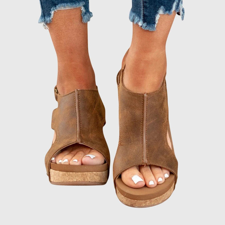 Women's Orthopedic Cork Wedge Open-Toe Comfortable Sandals - Brown