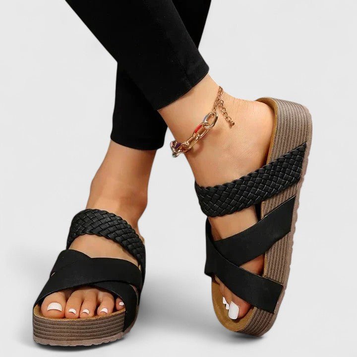 Women's Orthopedic Platform Comfortable Sandals Braided Cross-Strap - Black
