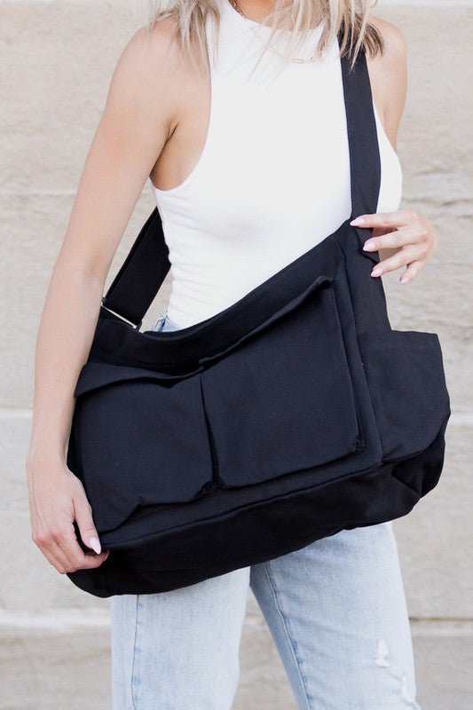 Women's Oversized Black Canvas Tote Bag Crossbody Messenger - Schwarz