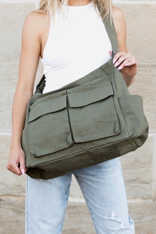 Women's Oversized Black Canvas Tote Bag Crossbody Messenger - Olive