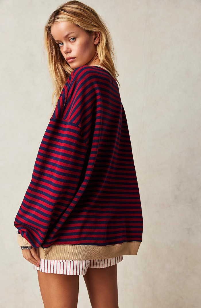 Women's Oversized Drop-Shoulder Striped Contrast-Trim Sweatshirt