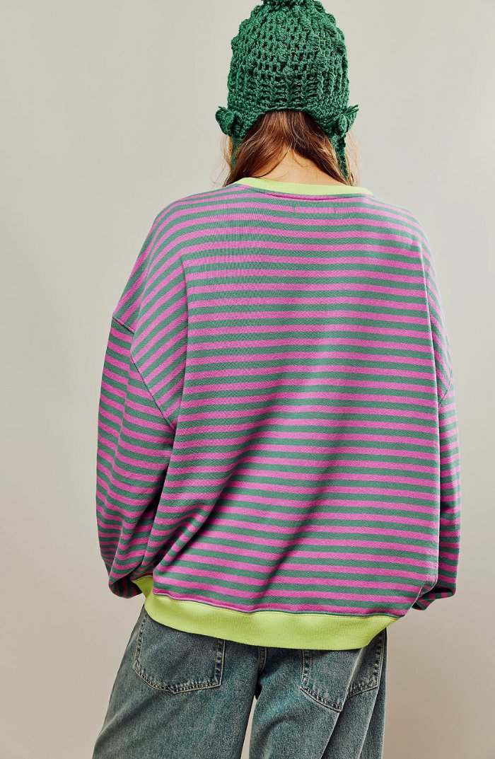 Women's Oversized Drop-Shoulder Striped Contrast-Trim Sweatshirt