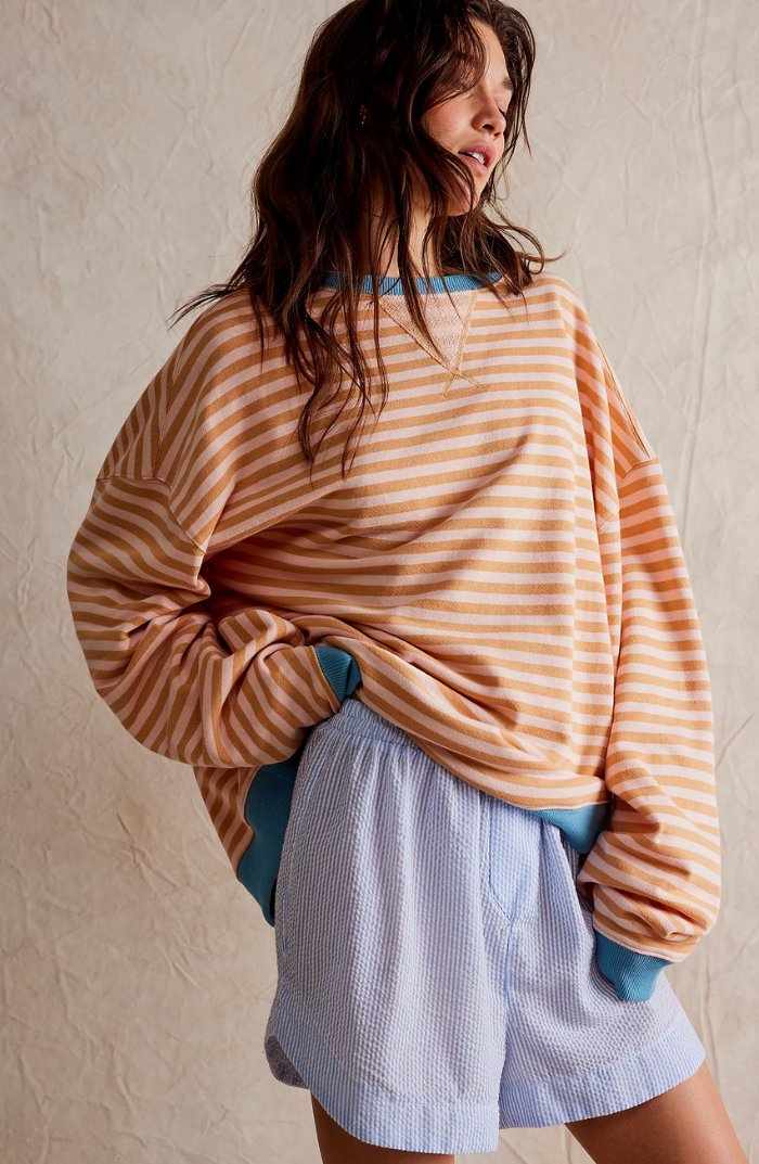 Women's Oversized Drop-Shoulder Striped Contrast-Trim Sweatshirt - Orange Stripes