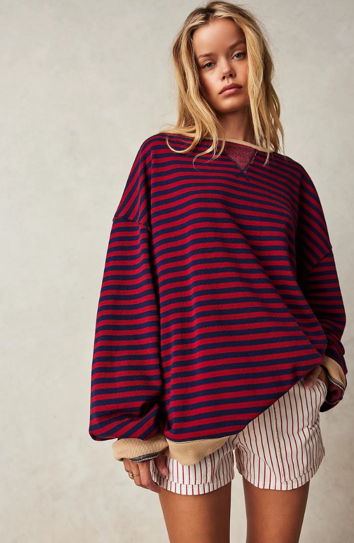 Women's Oversized Drop-Shoulder Striped Contrast-Trim Sweatshirt - Black & Red