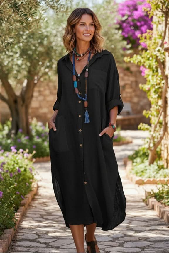 Women's Oversized Linen Midi Evening Gown Shirt Dress