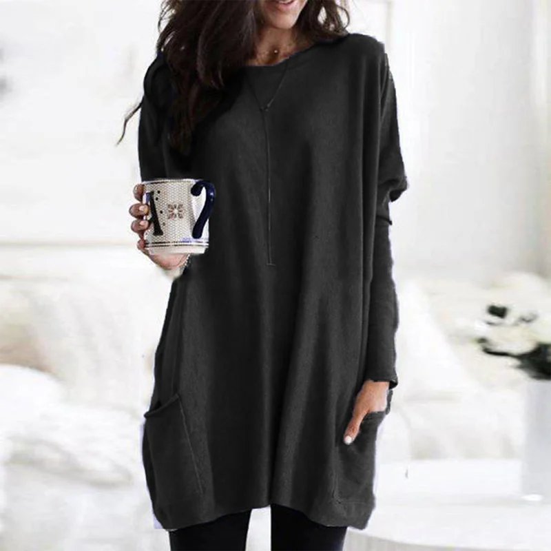 Women's Oversized Long Sleeve Pocket Tunic Top - Schwarz