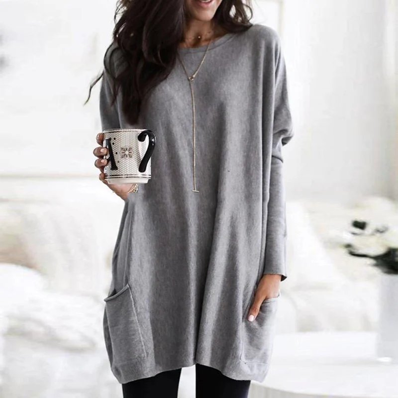 Women's Oversized Long Sleeve Pocket Tunic Top - Grau