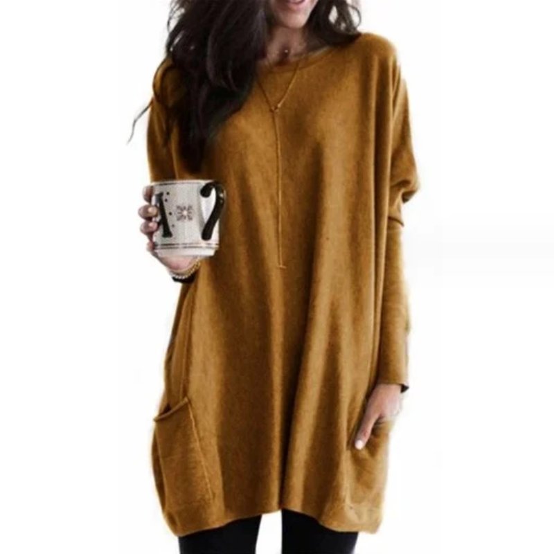 Women's Oversized Long Sleeve Pocket Tunic Top - Braun