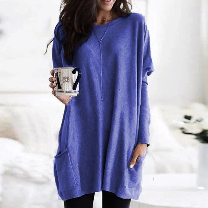 Women's Oversized Long Sleeve Pocket Tunic Top - Blau