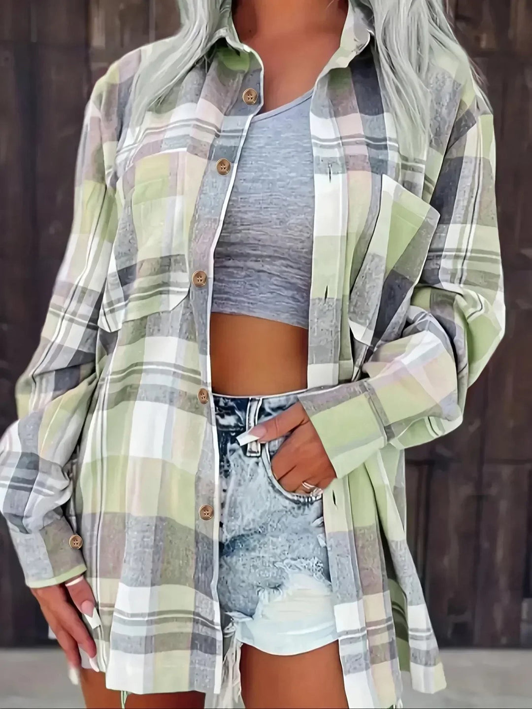Women's Oversized Plaid Flannel Open-Front Cardigan Shirt - Green