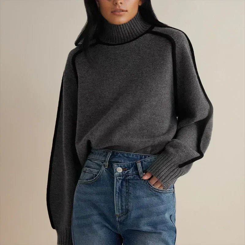 Women's Oversized Turtleneck Colorblock Knit Sweater - Gray