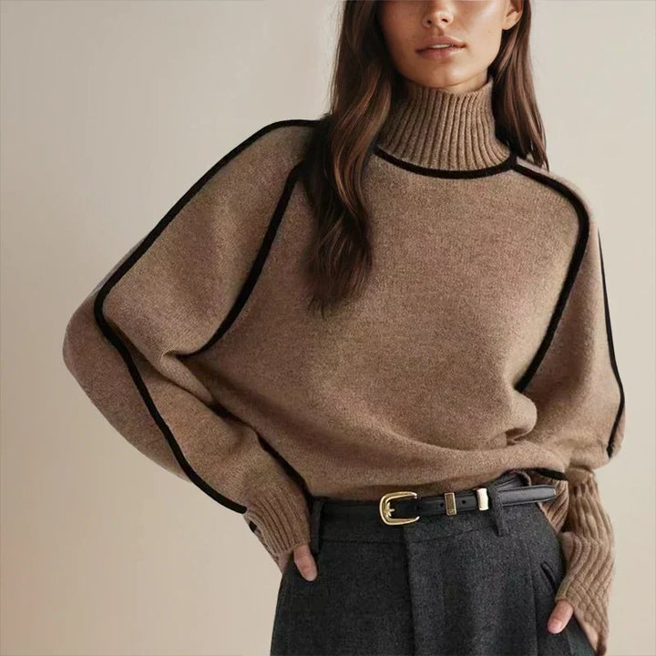 Women's Oversized Turtleneck Colorblock Knit Sweater