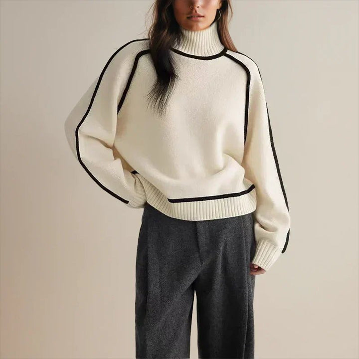Women's Oversized Turtleneck Colorblock Knit Sweater - White