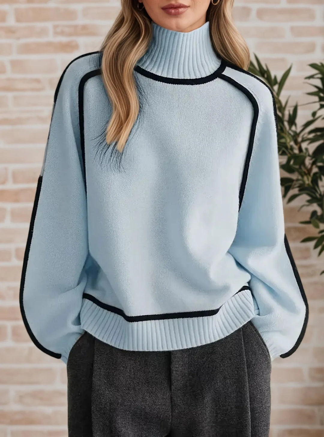 Women's Oversized Turtleneck Colorblock Knit Sweater - Blue