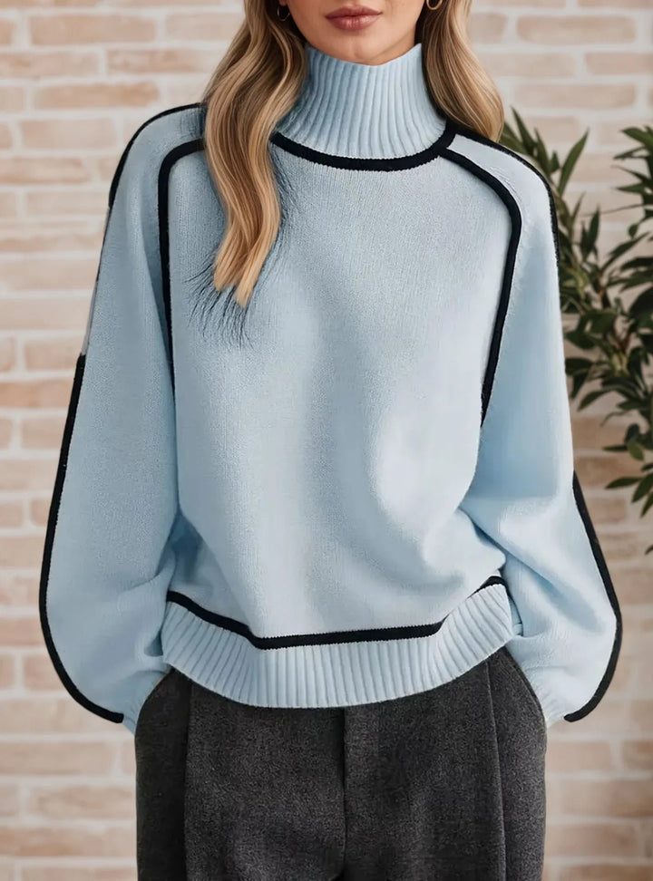 Women's Oversized Turtleneck Colorblock Knit Sweater - Blue