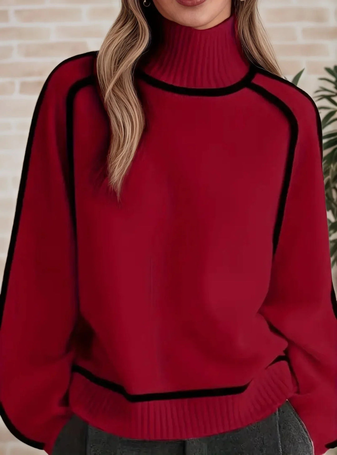 Women's Oversized Turtleneck Colorblock Knit Sweater - Red