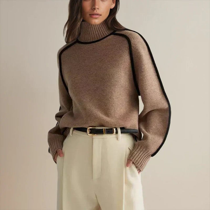 Women's Oversized Turtleneck Colorblock Knit Sweater - Brown