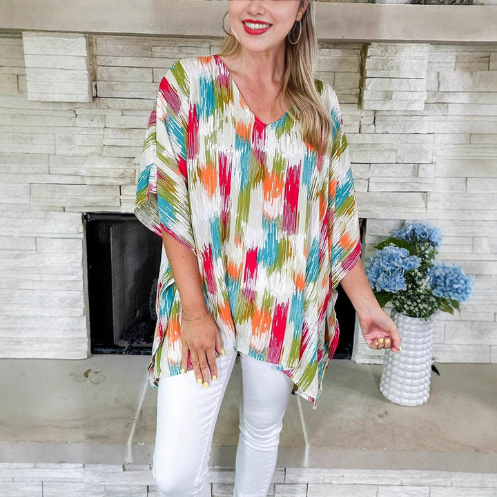 Women's Oversized V-Neck Abstract Print Tunic Top