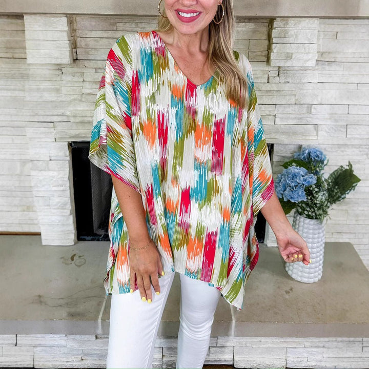 Women's Oversized V-Neck Abstract Print Tunic Top