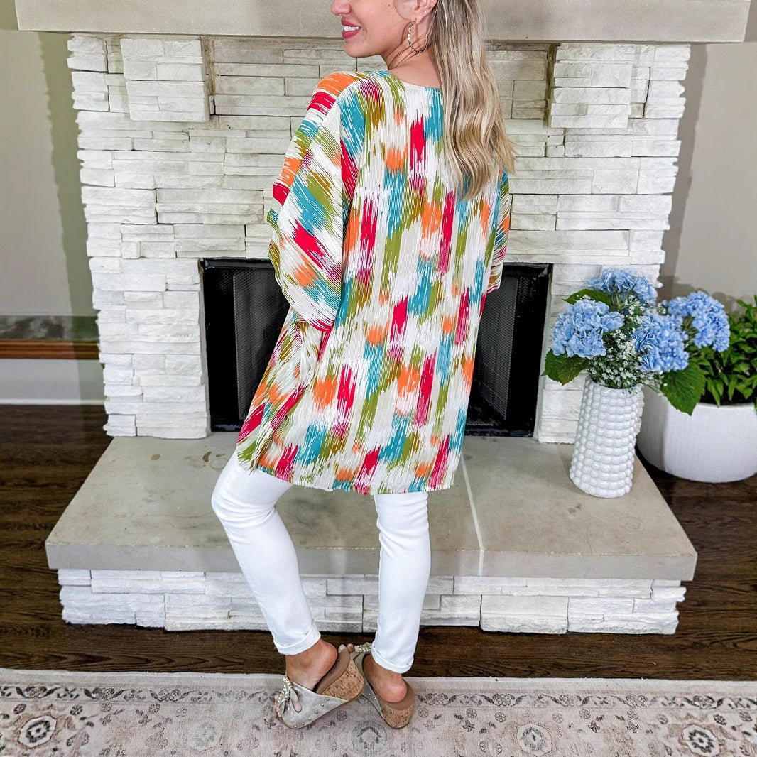 Women's Oversized V-Neck Abstract Print Tunic Top