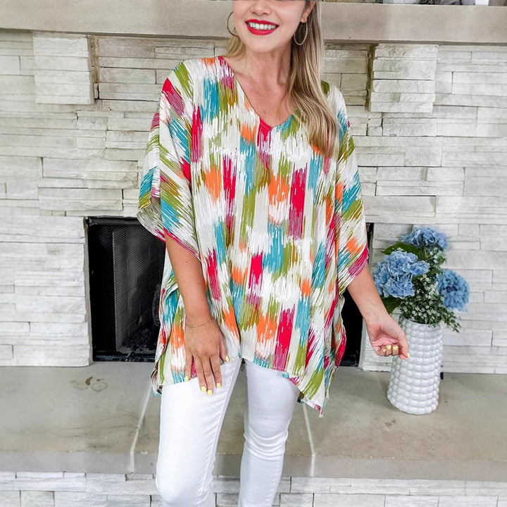 Women's Oversized V-Neck Abstract Print Tunic Top