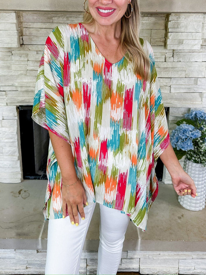 Women's Oversized V-Neck Abstract Print Tunic Top - Bunt