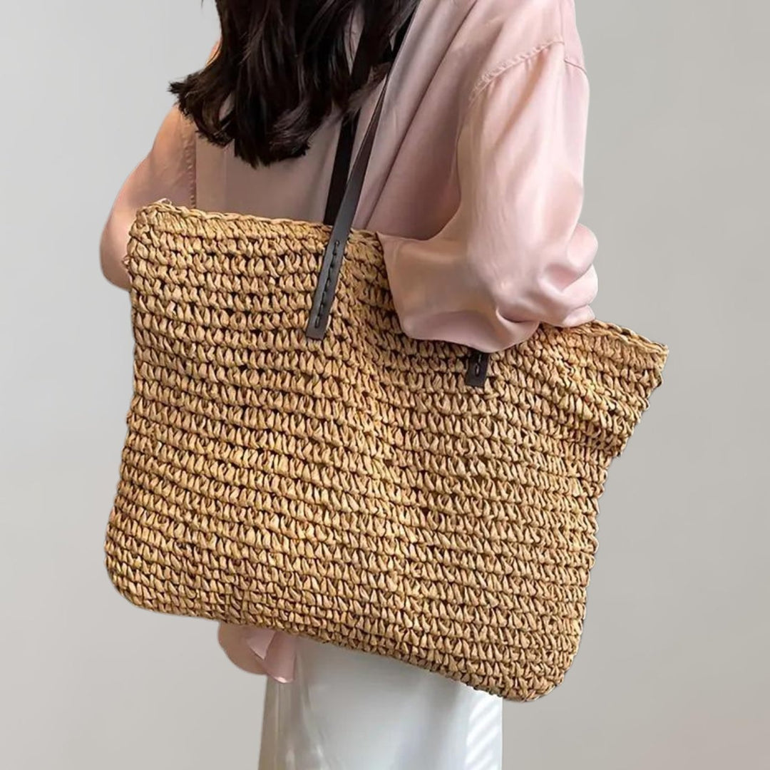 Women's Oversized Woven Straw Shoulder Tote Bag Bohemian Beach - Khaki