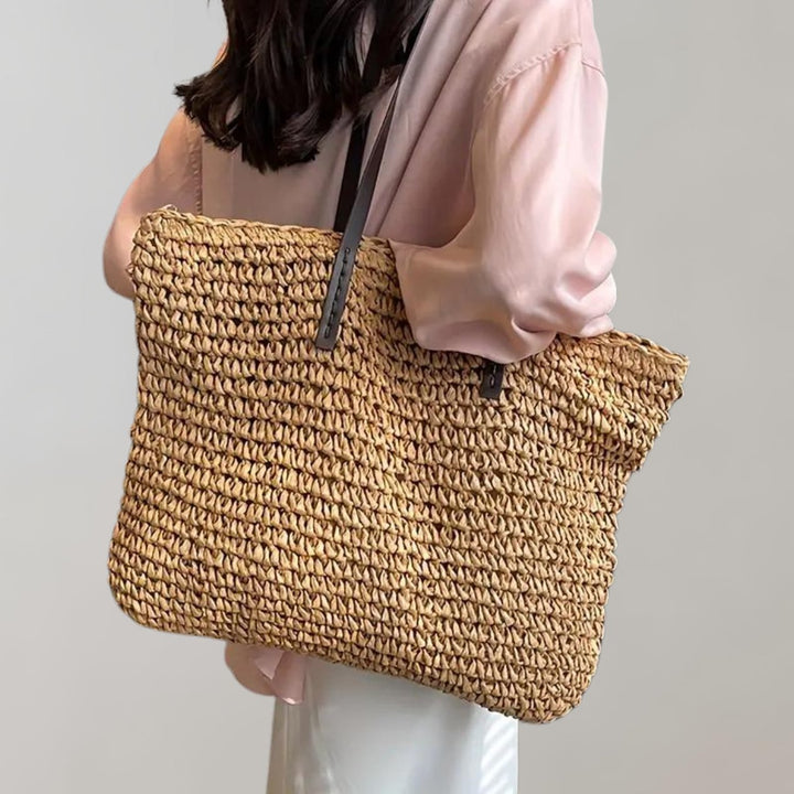 Women's Oversized Woven Straw Shoulder Tote Bag Bohemian Beach - Khaki