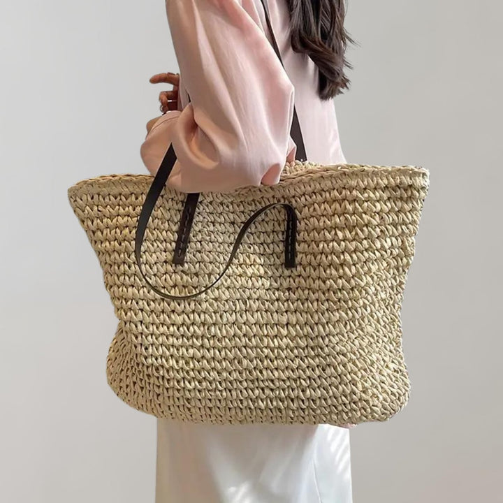 Women's Oversized Woven Straw Shoulder Tote Bag Bohemian Beach - Beige