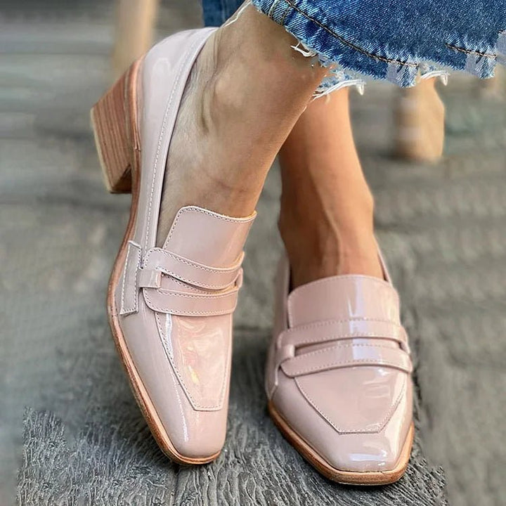 Women's Patent Leather Loafers Block Heel Slip-On Comfort - Pink