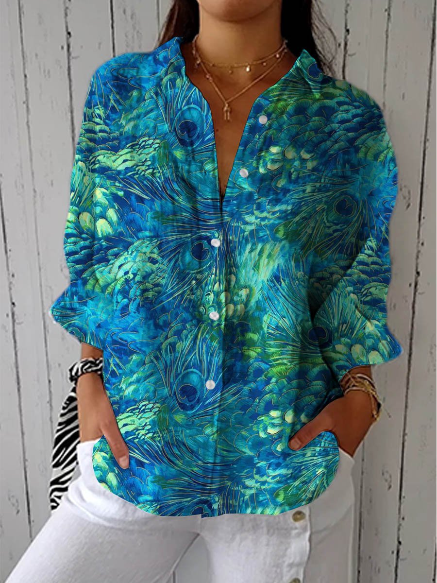 Women's Peacock Print Button-Up Blouse V-Neck Long Sleeve - Multicolor