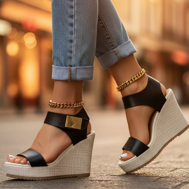 Women's Platform Wedge Sandals Ankle Strap Orthopedic - Black