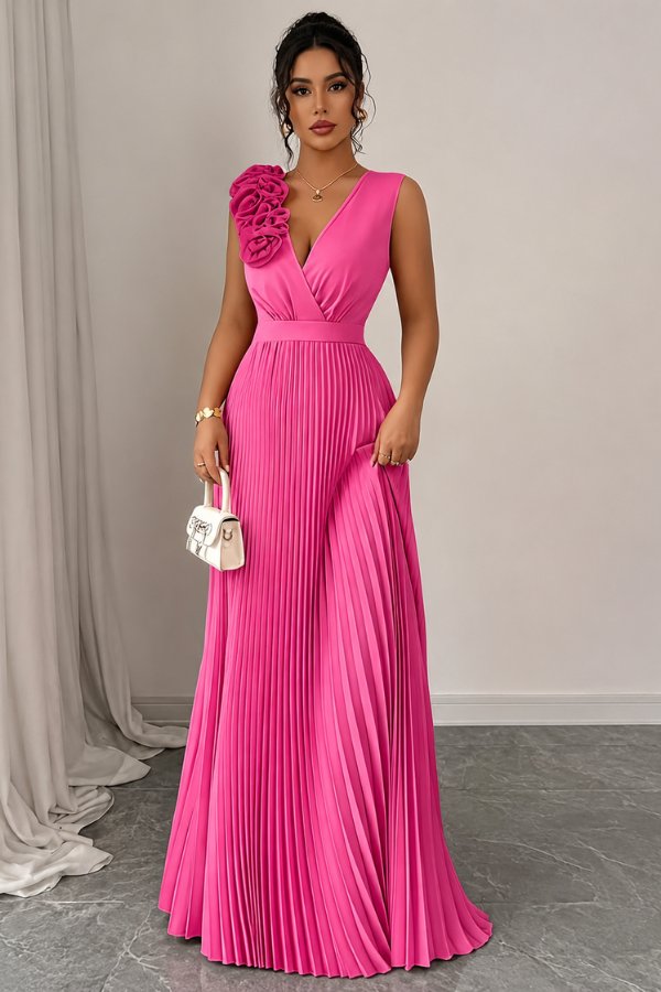 Women's Pleated Sleeveless Floral Applique Evening Gown - Rose Red