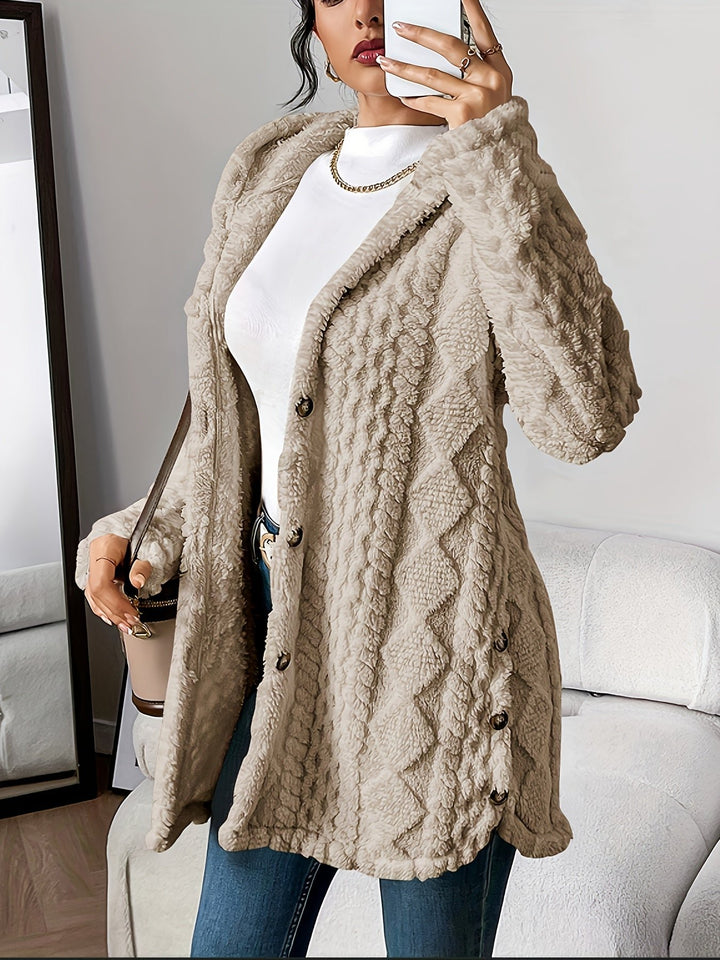 Women's Plush Hooded Button-Front Long Cardigan - Khaki