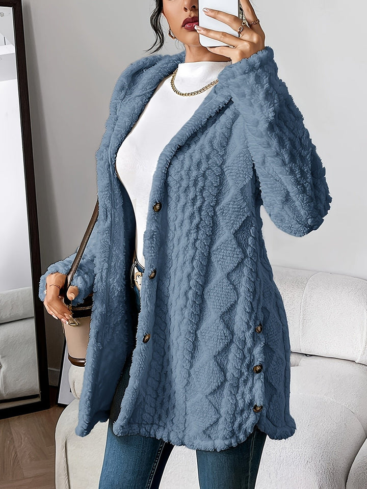 Women's Plush Hooded Button-Front Long Cardigan - Denim Blue
