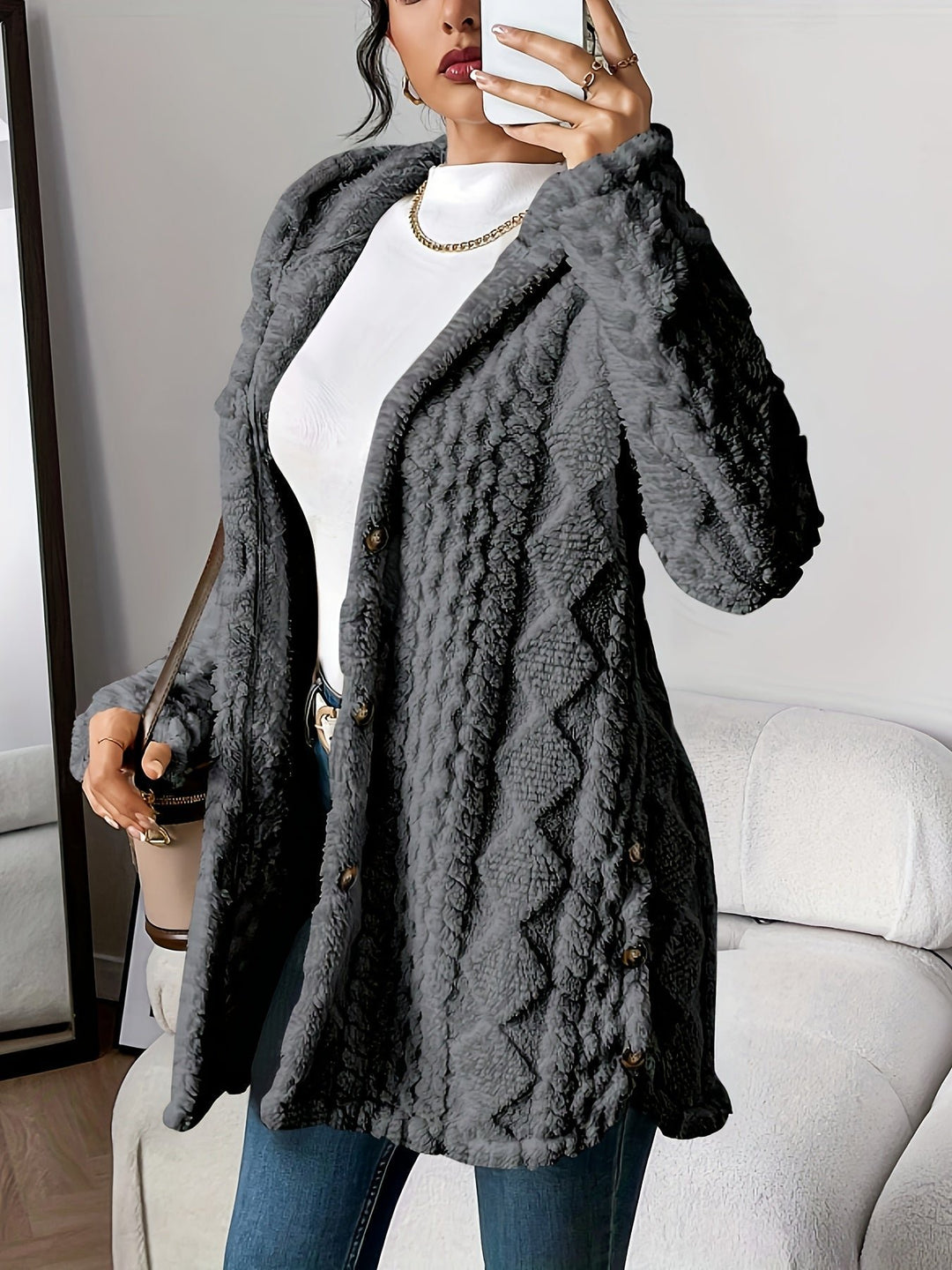 Women's Plush Hooded Button-Front Long Cardigan - Gray