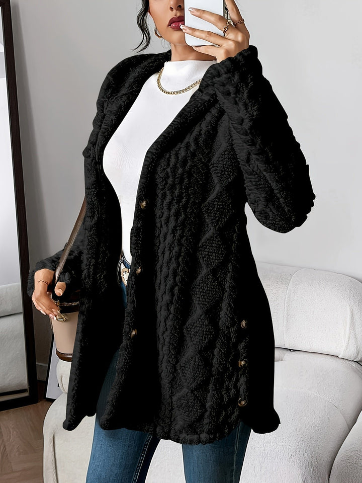 Women's Plush Hooded Button-Front Long Cardigan - Black